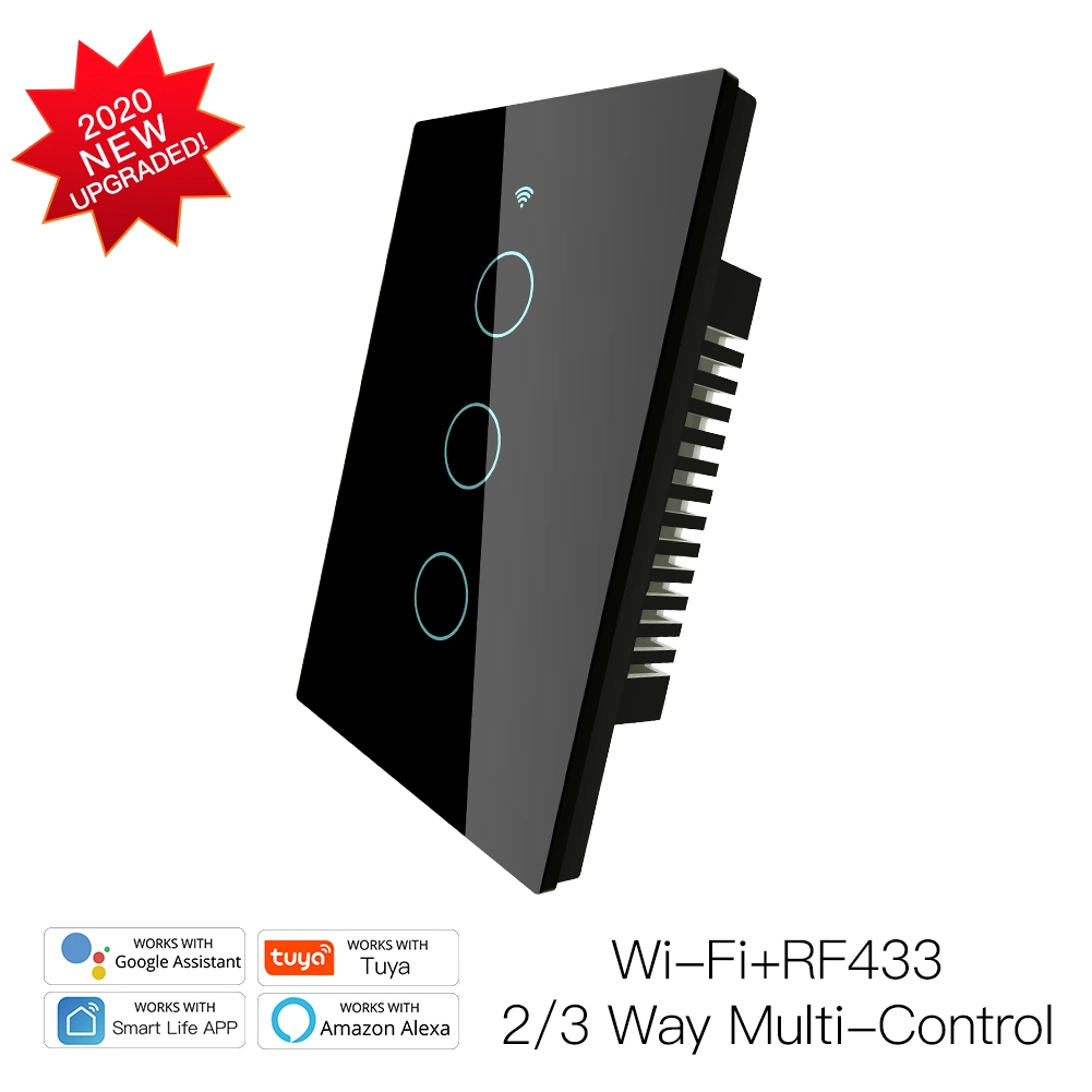 [Mise à niveau] RF433+interrupteur des feux de WiFi, Bluetooth, couplage rapide Muilti-Control 2/3 Way Association, rétroéclairage activé/désactivé contrôlable, Live+fil neutre Tuya Alexa