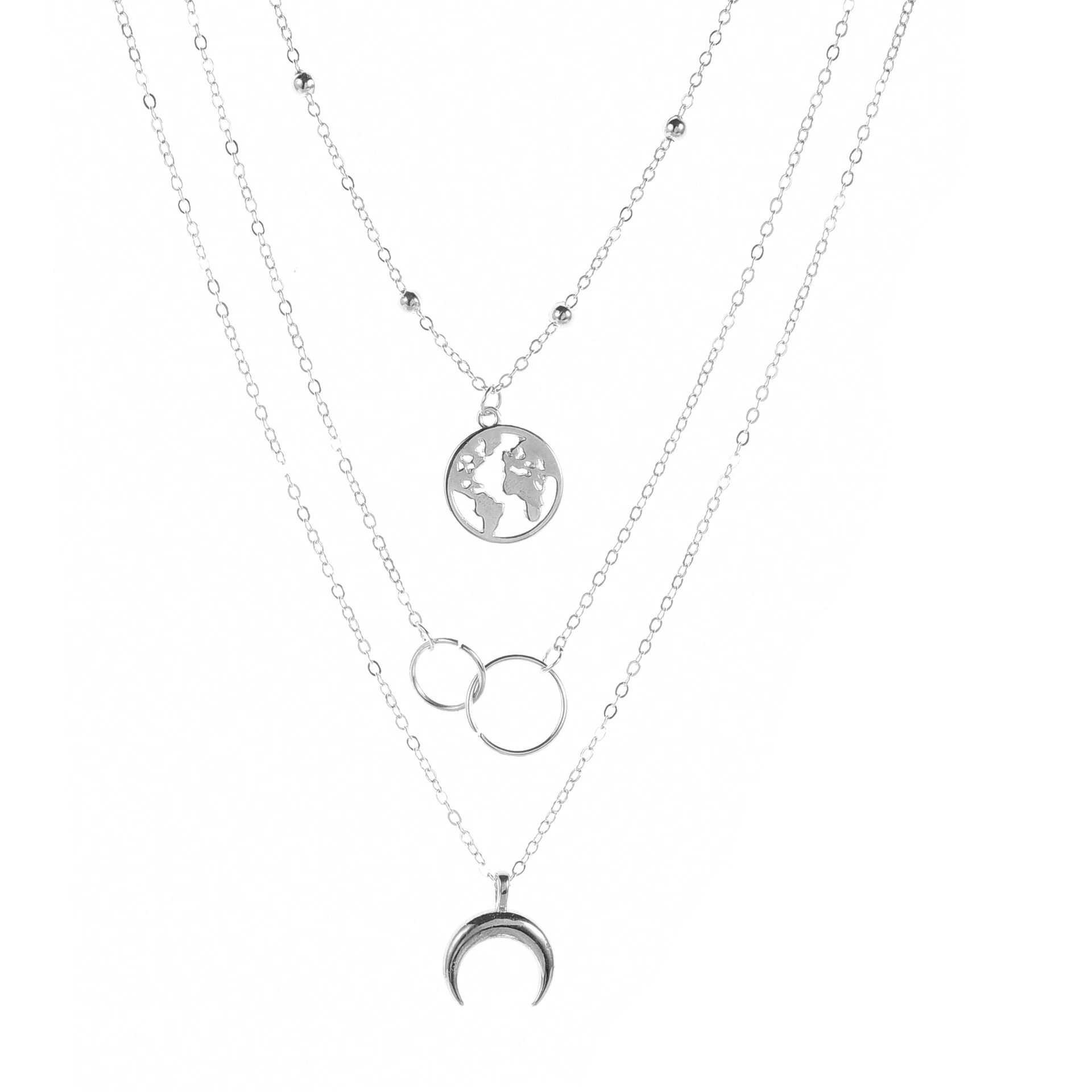 Fashion Multilayer Alloy Jewelry Simple World Map Crescent Pendant Choker Necklace