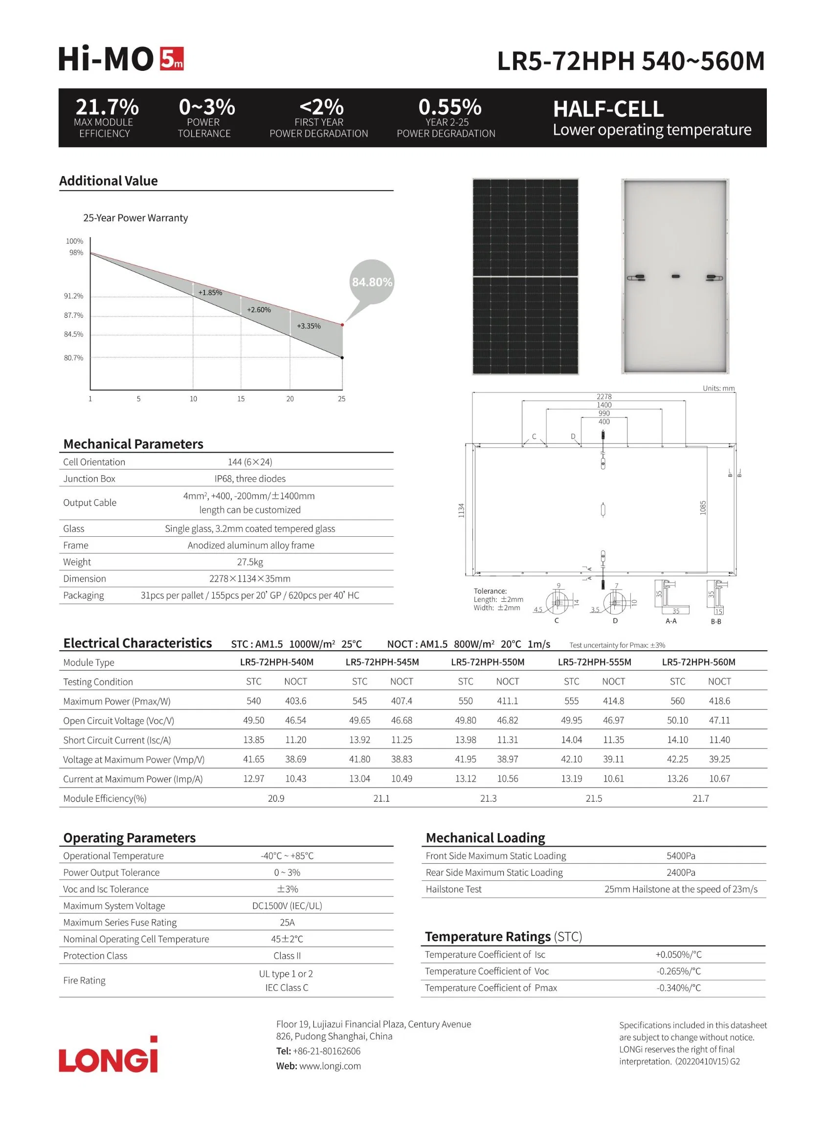 Longi Monocristaux silicium 144 palettes haute qualité module solaire LR5-72hph-540m