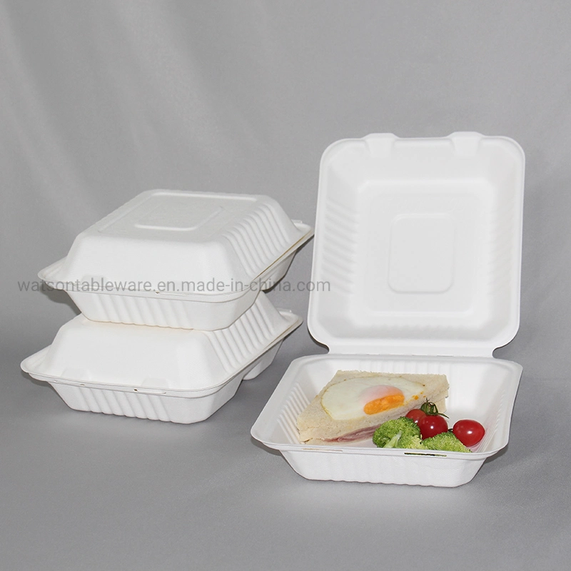 Takeaway Fast Food 9X6 Compostable Paper Pulp Sugarcane Bagasse and Paper Clamshell Envases Contenedores De Comida Biodegradable Food Container