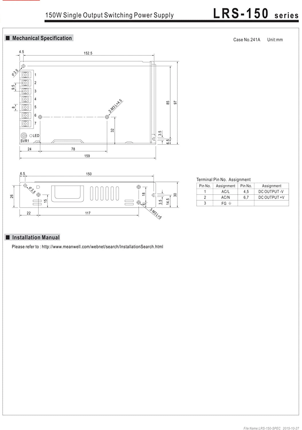 Lrs-150-24 Switching Power Supply, Single Output, 24V, 6.5A, 156W, 6.26" L X 3.82" W X 1.18" H