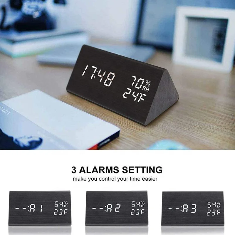 Moderna mesa de Triángulo electrónico de sobremesa multifuncional alarma digital LED de madera Reloj