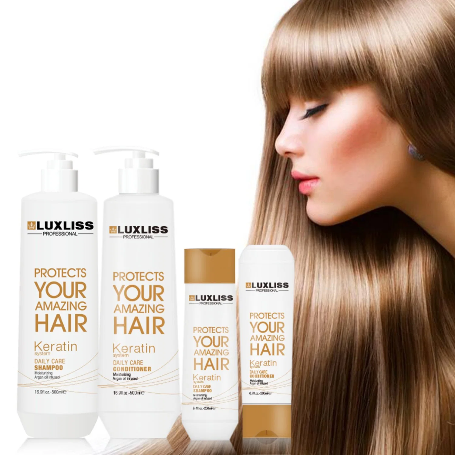 Luxliss China Wholesale Anti-Frizz Moisturizing Repairing Argan Oil Keratin Daily Hair Care Shampoo and Conditioner