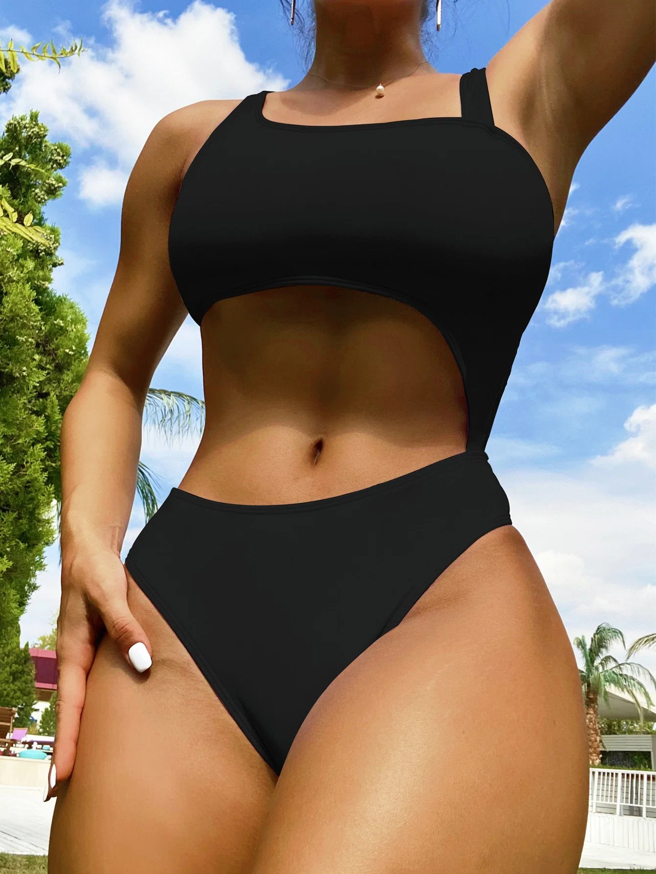 Women Sexy Deep Hollow out Swimsuit High Waist Hollow out Bandage Swimwear Female Solid Color Bikini Set Backless Bathing Suits One Piece