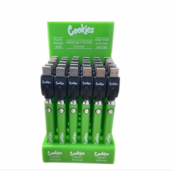 Cookies Twist 510mA /900mA tension ajustable Vape Pen batterie avec 30CT boîtier d'affichage tension variable stylo batterie