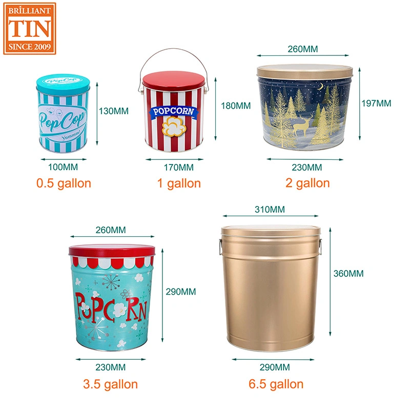 0,5/1/2/3,5/6,5 Gallon Seau en métal avec couvercle pour popcorn