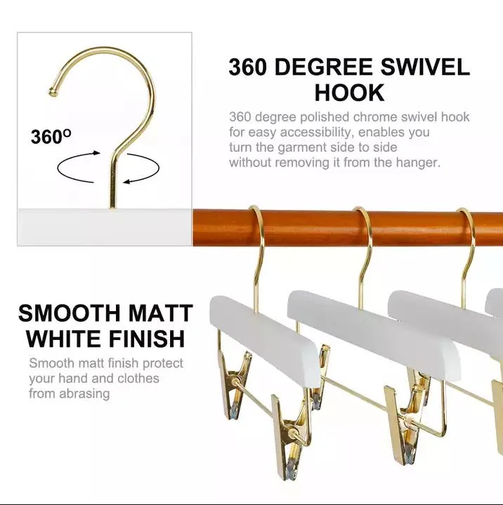 Display Wood Hangers: Glossy Matt White Wooden Bottom Clothes Hangers with Non-Slip Golden Metal Clips for Dress/Pants/Trousers