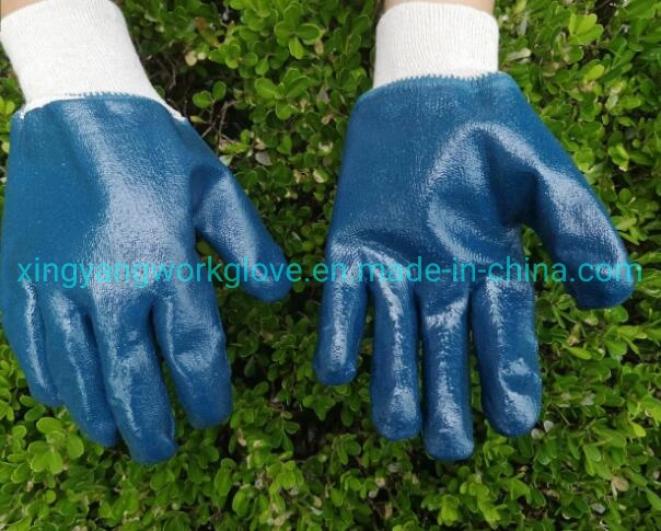 Jersey Cotton Liner Heavy Duty Fullly Blue Nitrile Coated Smooth Finish Knit Wrist Safety Industrial Work Glove