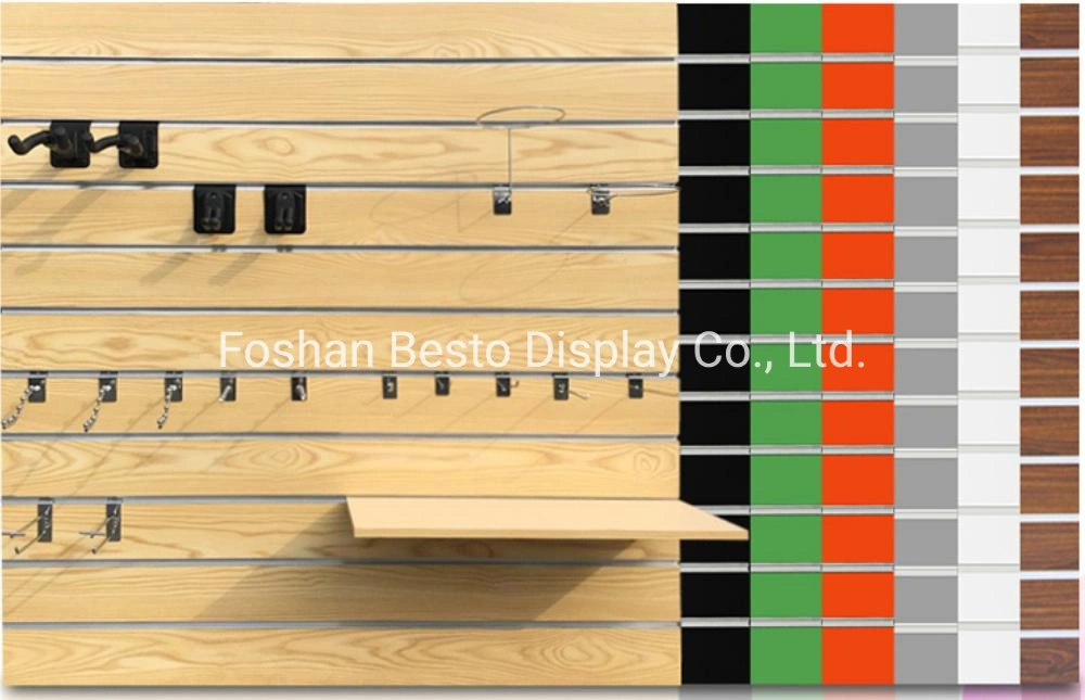 4 بوصات × 4 بوصات، حائط ملطس عمودي محزز من MDF مع إدراج من الألومنيوم ورفوف MDF وخطاطيف الأجهزة الخاصة بسيارات إعادة البيع