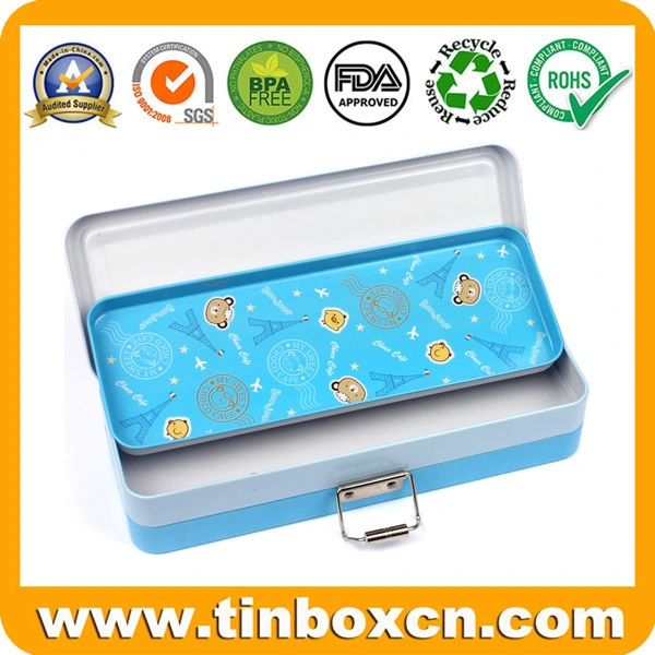 Double-Deck Stationery Metal Tin Box with Latch for Pencil Case