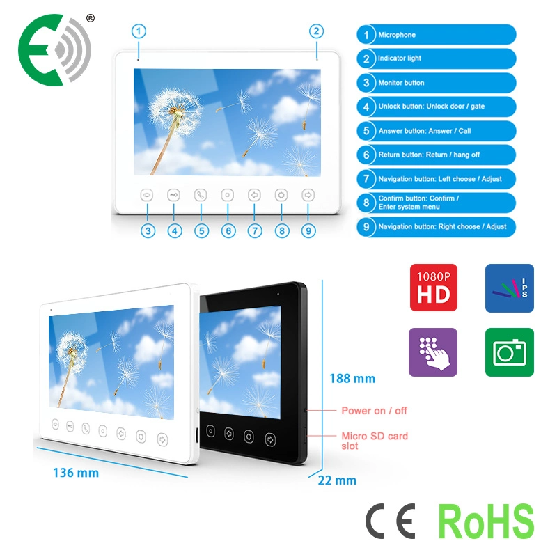 4-Wire HD 7" Intercom Kit with Touch Buttons Video Doorphone Support Multi Unlock Way