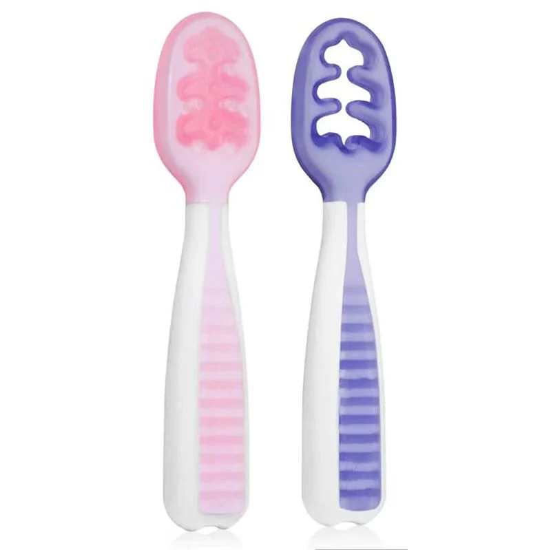 Baby Pre-Spoon, Stage 1 and Stage 2 Silicone Chew Spoon Fork Set for Babies and Toddlers, BPA Free Silicone Self Feeding Toddler Utensils for Kids Ages 6 Months