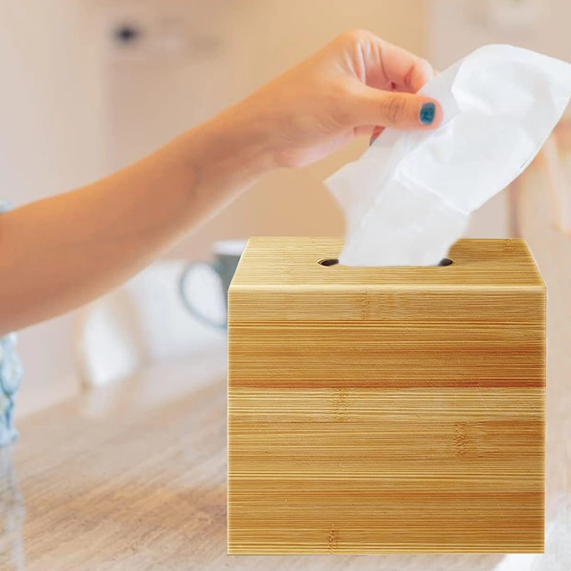 Square Bamboo Tissue Box Cover Water Resistant Wooden Facial Tissue Box for Bathroom