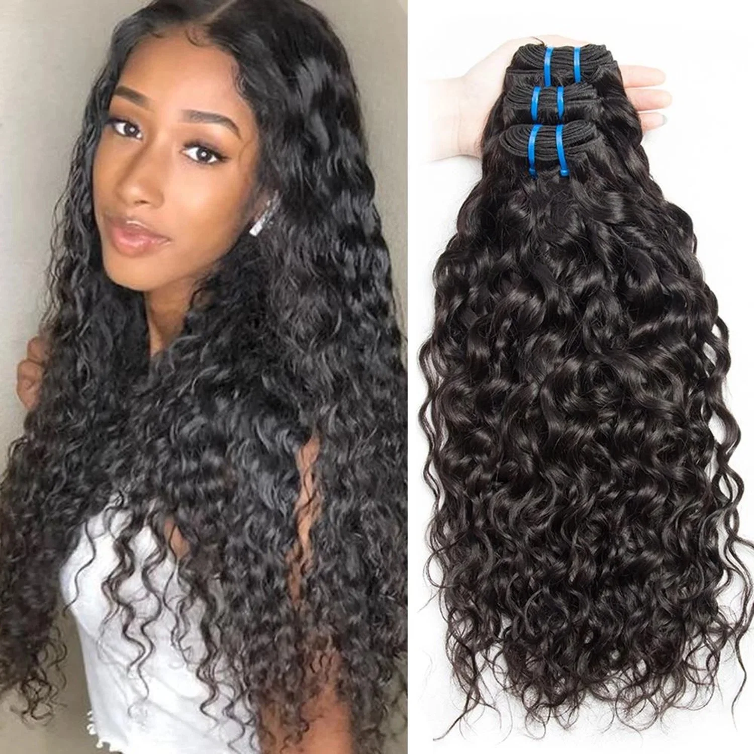 100% Brazilian Water Wave Natural Hair Weaves Bundle Double Drawn Weft