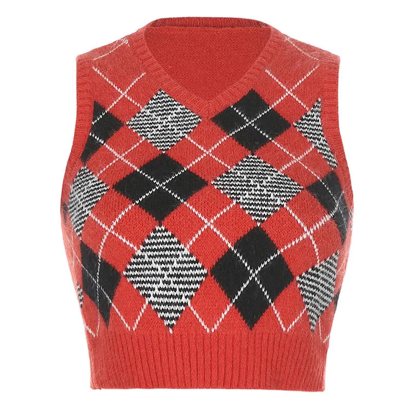 Women's Y2K Haut de la récolte sans manches Pull col V côtelée Plaid tricoté pull pour les jeunes