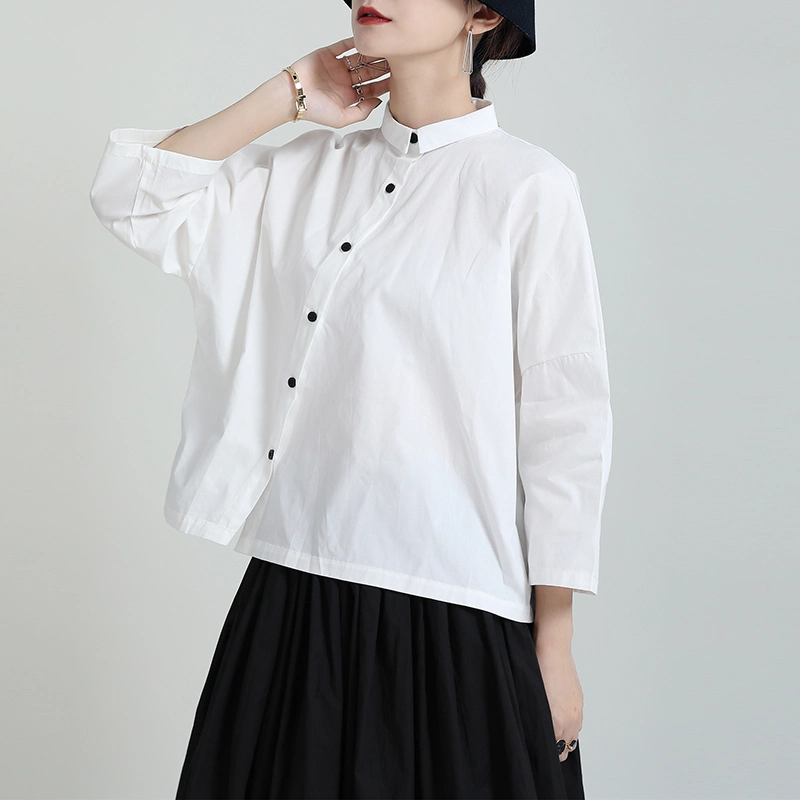 Sommer New Design Sense Drei-Viertel-Ärmel Shirt Lazy Wind Revers Diagonal Knopfleiste Shirt Damen