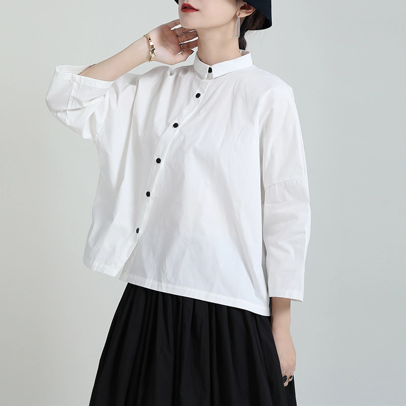 Summer New Design Sense Three-Quarter Sleeve Shirt Lazy Wind Lapel Diagonal Placket Shirt Women