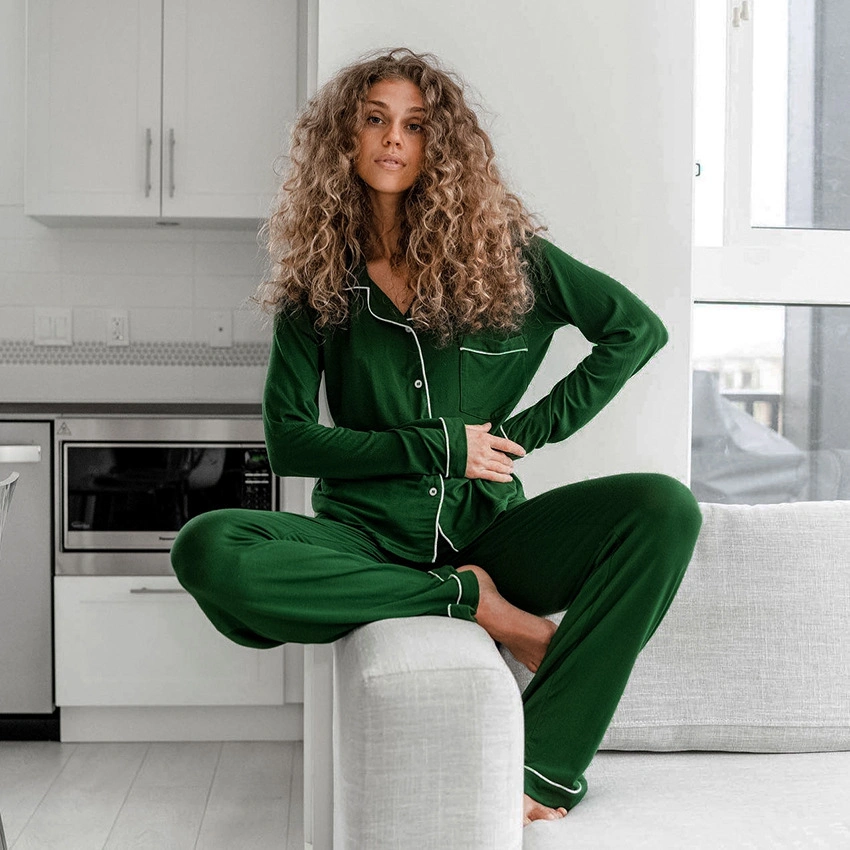 Gire o anel para baixo Sleepwear Pijamas Mulheres Buttoned Manga Longa Verde em malha Pajama Definido