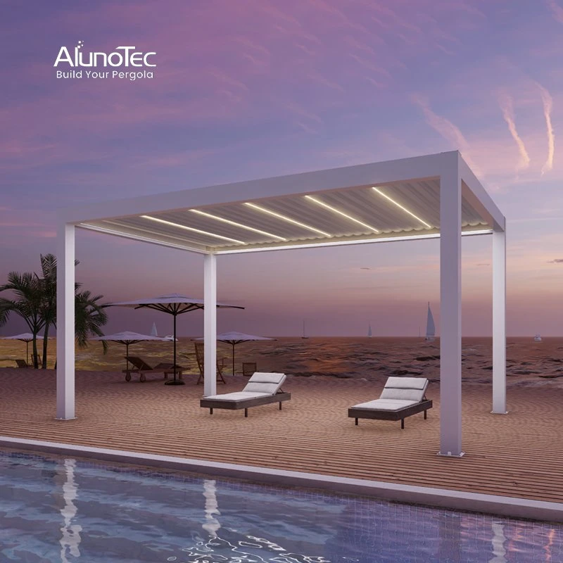 AlunoTec Jardín al aire libre Pergolux impermeable Carpa de aluminio motorizado cenador bioclimático Techo de rejilla de Pergola con luces RGB