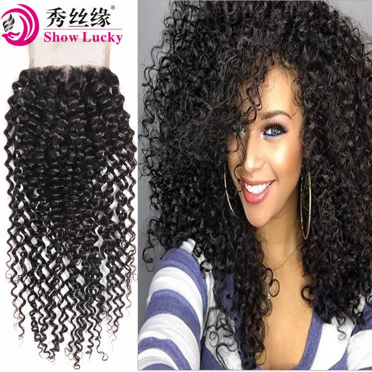 Processional Supply 150% Density 4*4 Top Lace Closure Kinky Curly Remy Indian Human Hair