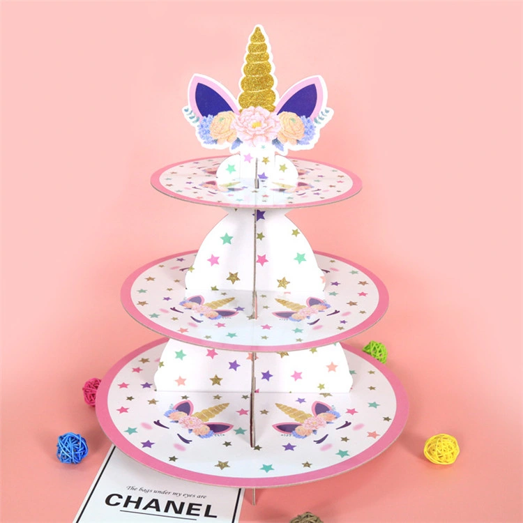 Cartoon Circular Folding Custom Board Paper Party Cake 3 Tier Paper Cake Stand