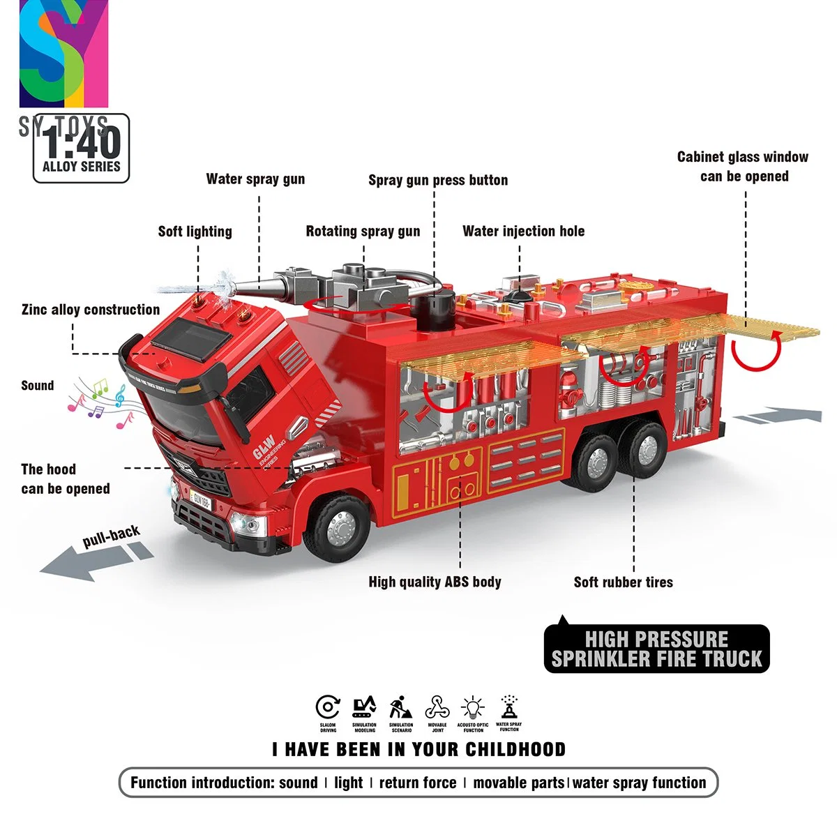 SY Toys Precio barato 1: 40 miniatura aleación tirón trasero vehículo Fuego Motor Escalera camión Modelo Metal niños Die Casting coches Juguetes con sonido