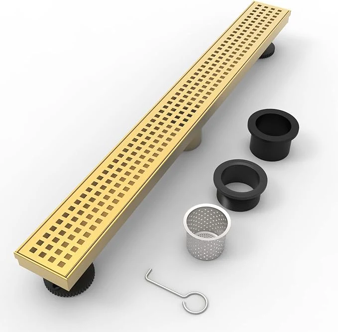 36-Inch Brushed Brass Linear Shower Drain with Removable Quadrato Pattern Grate, 304 Stainless Steel Gold