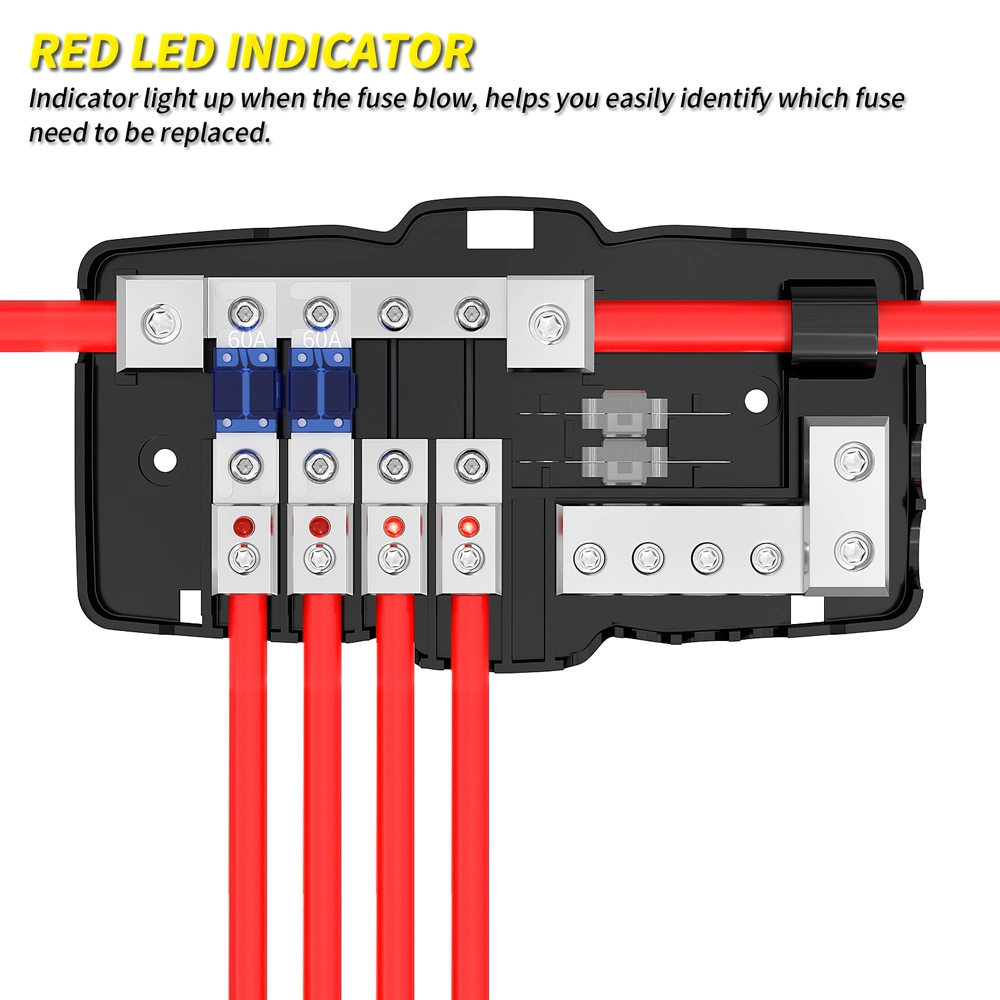 Fused Power Distribution Block Car Audio 4 Way MIDI (Mini-ANL) Fuse Block 12V 0/4 Gauge with Ground for Auto UTV Boat Stereo AMP