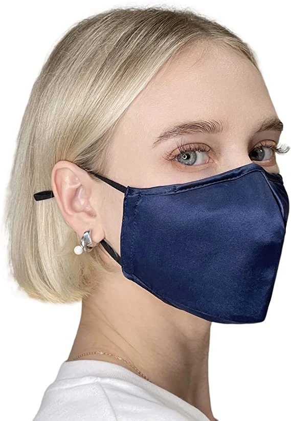 Silk Face Mask with Filter Pocket, Reusable 100% Mulberry Silk Silver Navy Mask