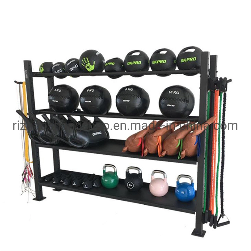 Gym Multi Storage Rack Hot Sale 4 Layer Gym Storage Equipment Slam Ball Wall Ball Medicine Ball Kettlebell Dumbbell Rack Weight Plate Rack with Wheel