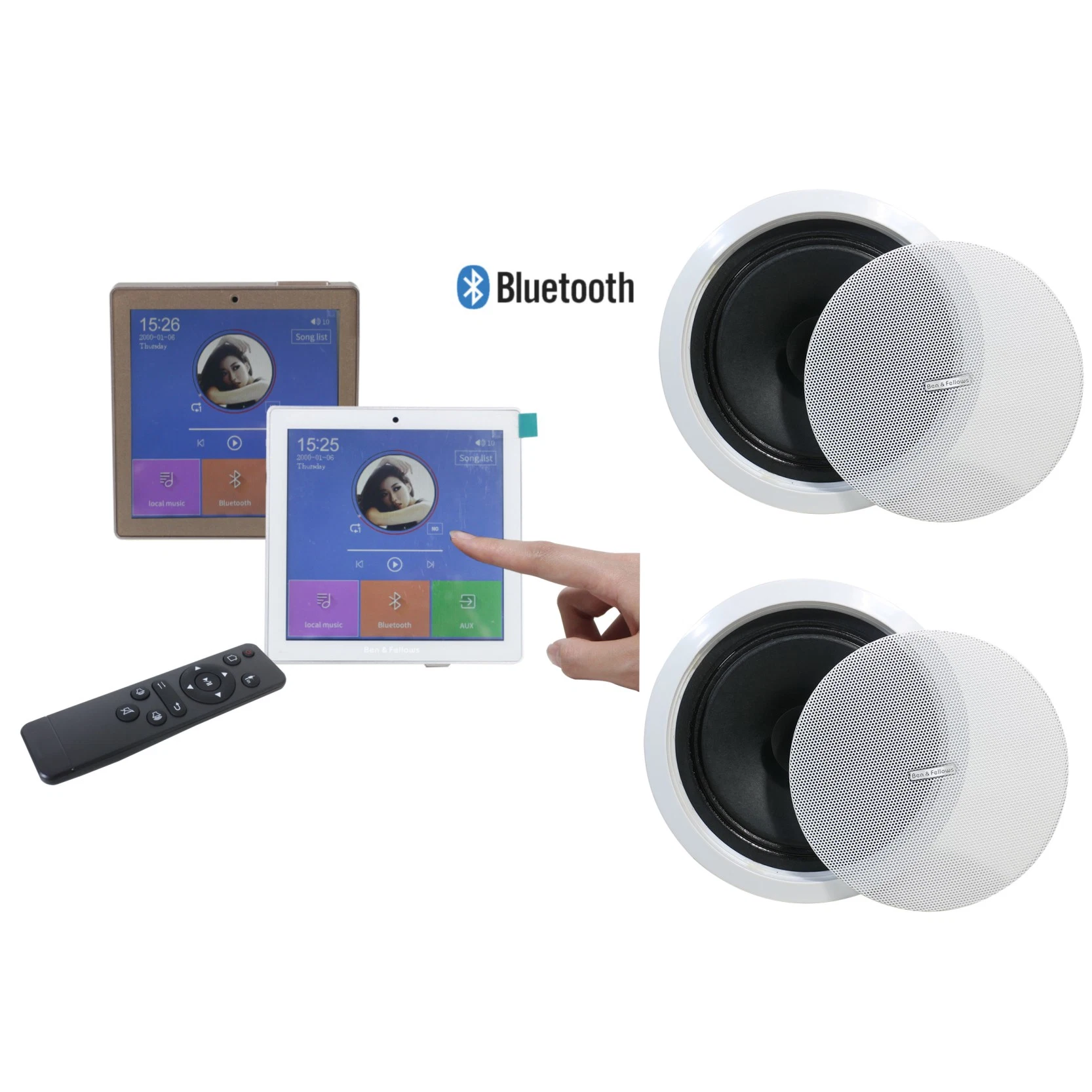 Hogar inteligente 2 canales de música inalámbrico Bluetooth Pantalla táctil en amplificador de audio de la pared con USB, radio FM con 2 Piezas de altavoces de techo