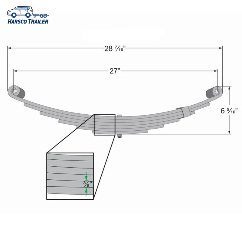 6 hojas 1 3/4 pulgadas de ancho - 3, 000 libras. Capacidad 27" doble ojo ballesta