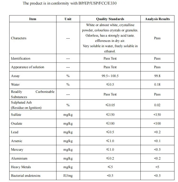 Acide citrique, classe alimentaire/dispositif de réglage du pH pour l'eau/rabais spécial chaud Ventes