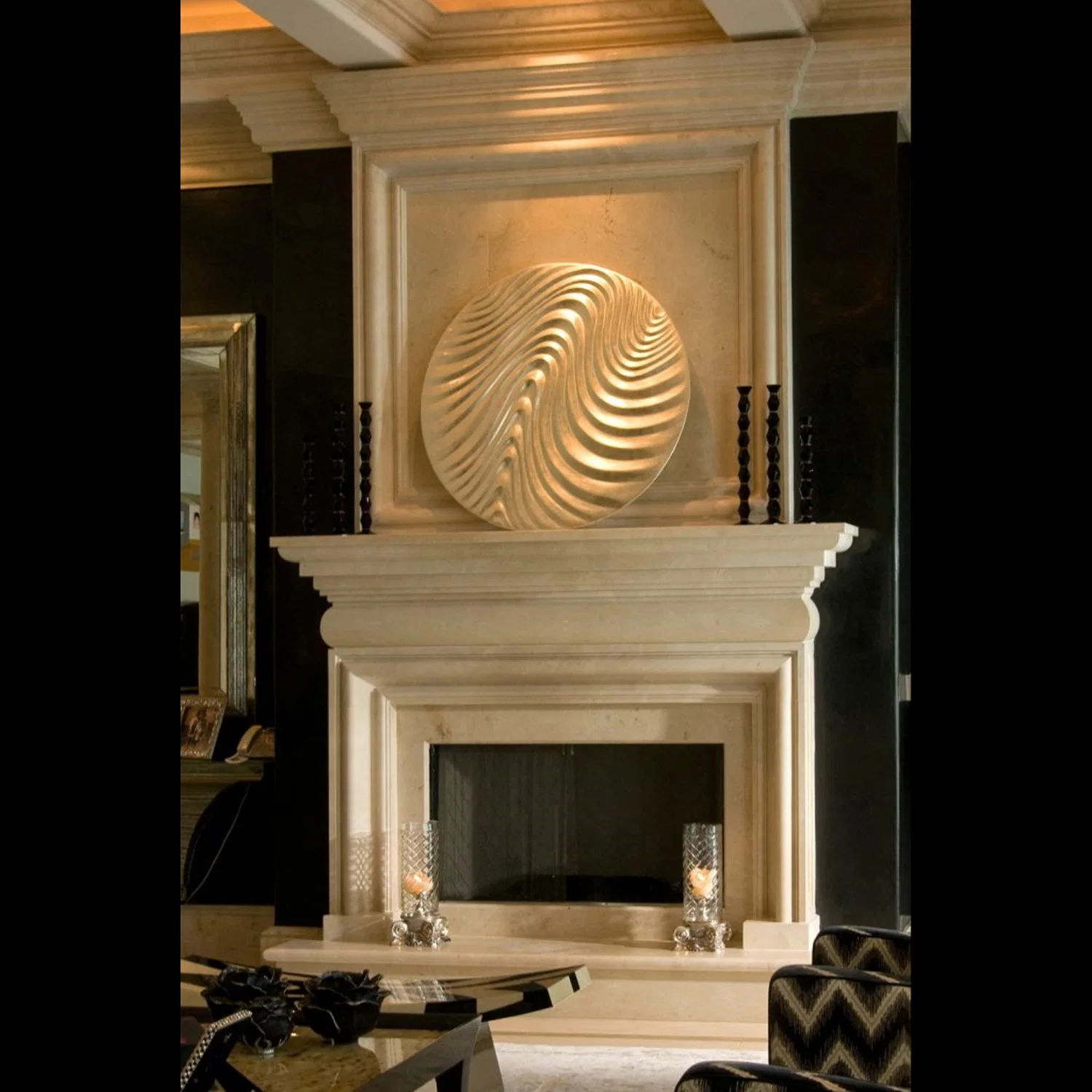 French Limestone Contemporary Italian Tuscan Carving Fireplace