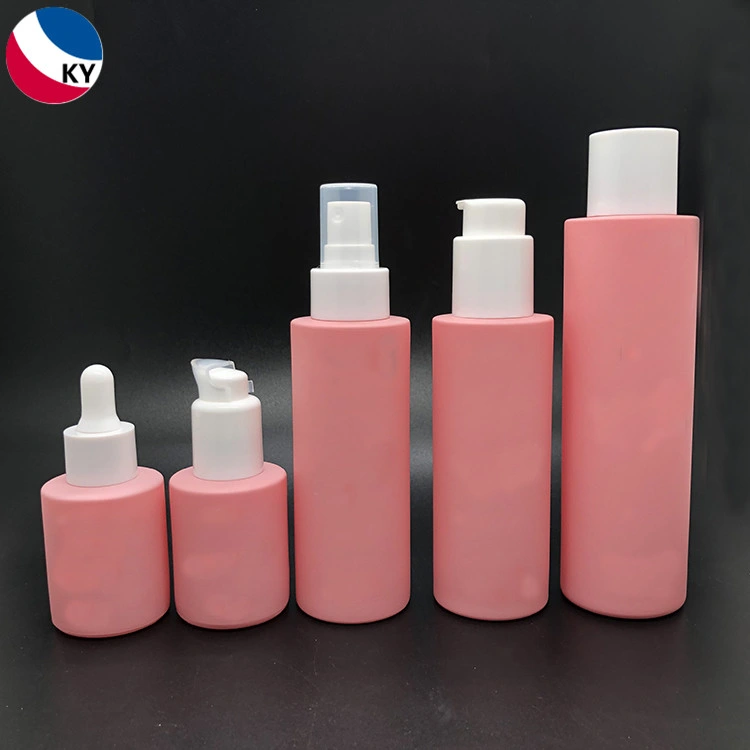 30ml 100ml 150ml Round Frosted Matte Pink Custom Colorful Sets Glass Pump Sprayer Toner Bottle Cosmetics Packing with White Screw Lid Plastic Dropper