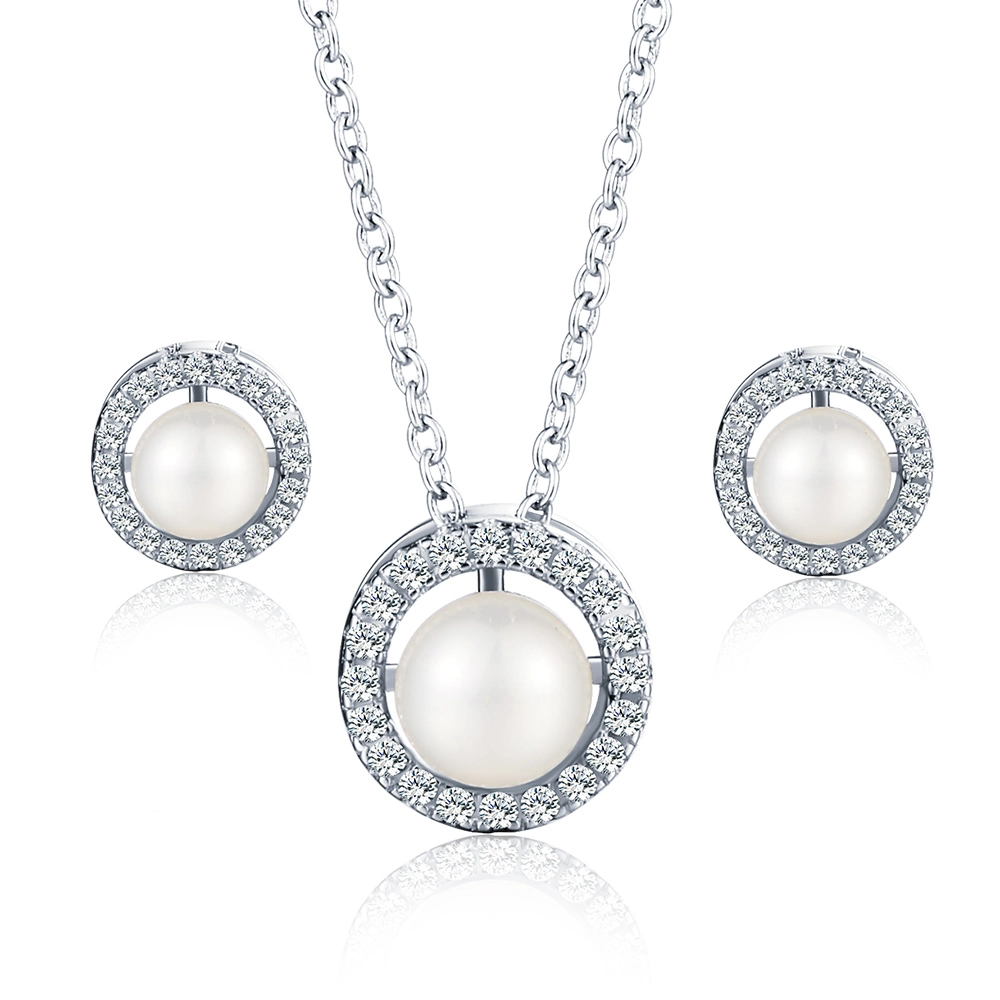 Classic Simple Rhodium Plated 925 Sterling Silver CZ Pearl Necklace Earrings Wedding Jewelry Set