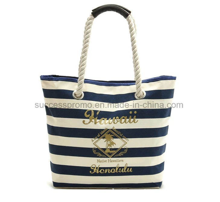 Custom Leisure Striped Canvas Beach Bag with Cotton Rope