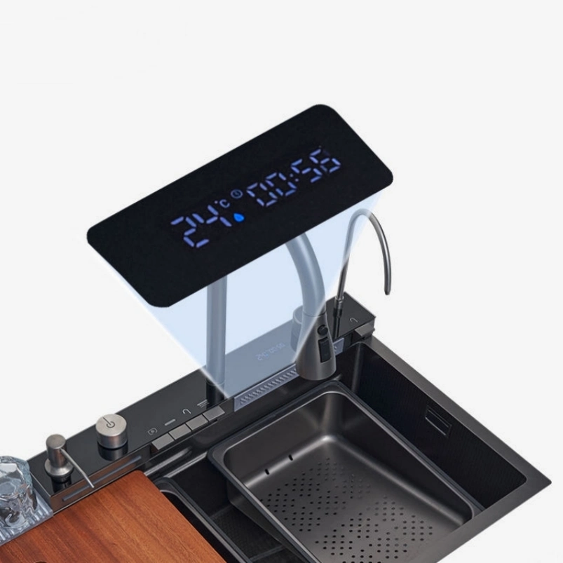 Single-Bowl Kitchen Sink with Nano Stainless Steel, Digital Display, and Waterfall Faucet for Household Use