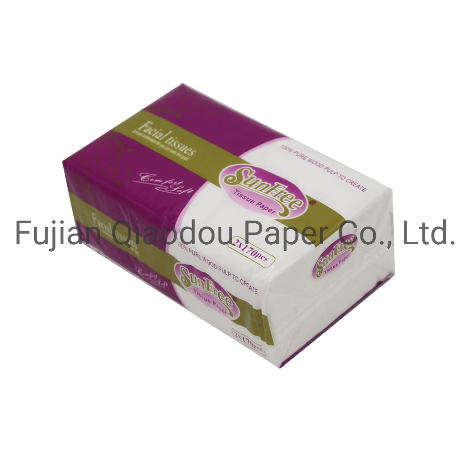 Venda por grosso de papel higiénico de uso diário Qiaodou papel tecido Facial 2 ply 170 Folhas celulose virgem