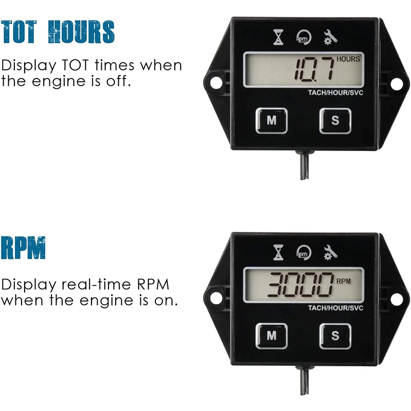 Digital Display Tachometer Engine Tach Hour Meter Gauge Inductive Display for Motorcycle Car Motor Stroke Replaceable Battery