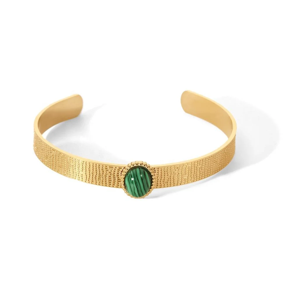 Excellent 18K Gold Plated Green Malachite Insert Stainless Steel Bangle