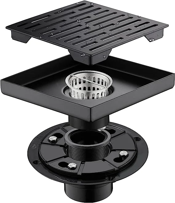 SUS 304 Stainless Steel Square Shower Drain Matte Black 6 Inch with Flange