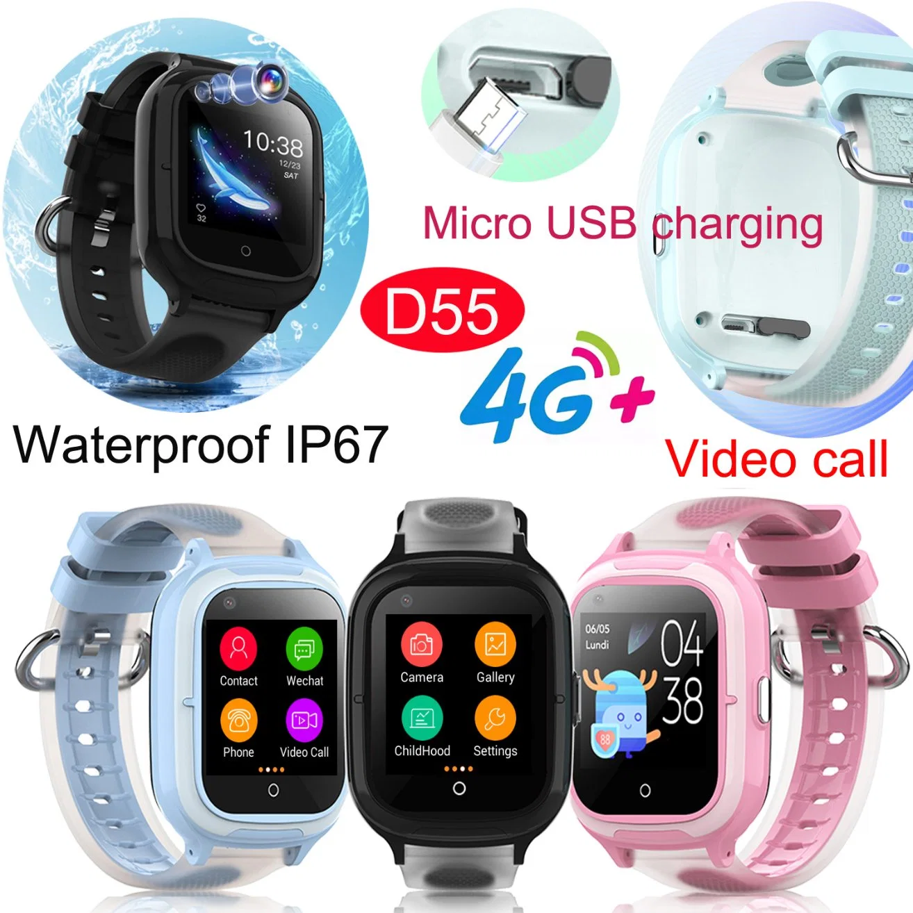 Original Factory Neueste IP67 Wasserdicht 4G Wasserdicht Kinder Kinder intelligent Geschenkuhren GPS Tracker mit Voice Monitor Video Call D55