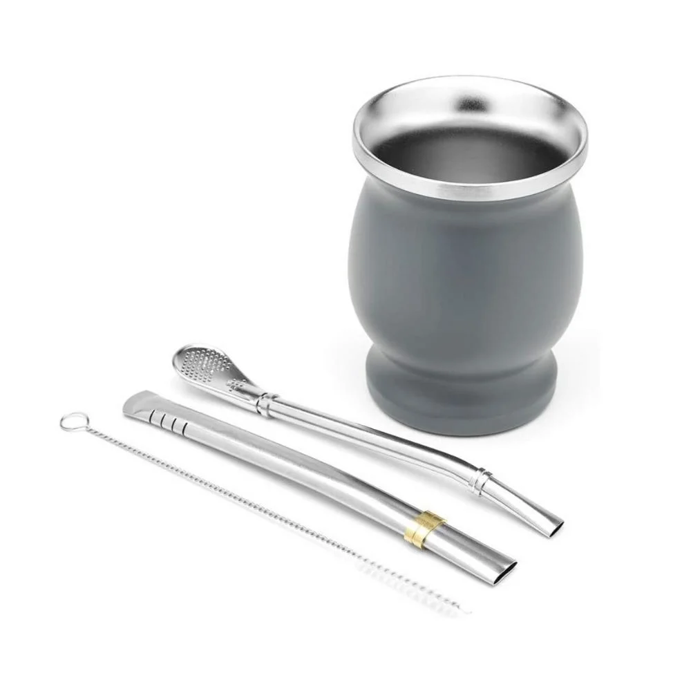 Yerba Mate Natural Gourd/ Tea Cup Set Silver Includes 2 Bombillas (Yerba Mate Straws) with AMP Cleaning Brush 304 Stainless Steel