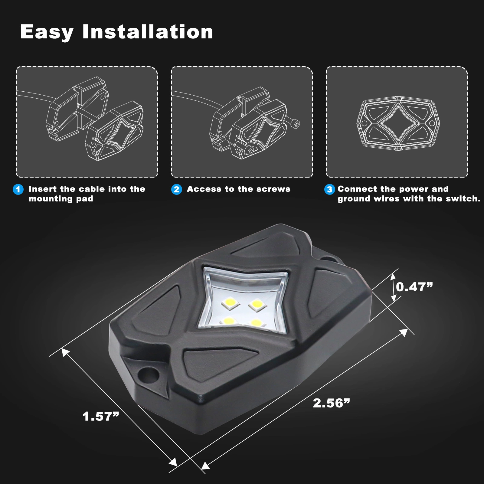 Edge Rlw-20 IP68 أضواء صخرة LED بيضاء مقاومة للماء 20 قصيدة، ضوء LED أبيض منخفض لشاحنة السيارات ATV UTV SUV للسيارات ذات مركبة على الطرق الوعرة ذات مركبة متحركة، تحت الجسم G