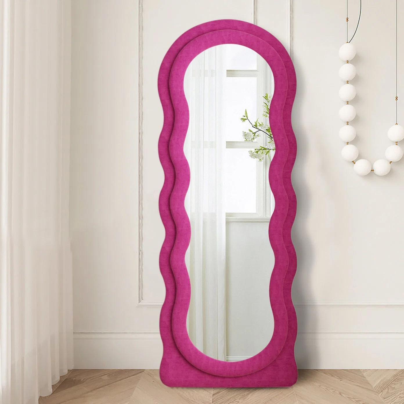 Irregular Wave Shape Full Length Freestanding Body Mirror Flannel Frame