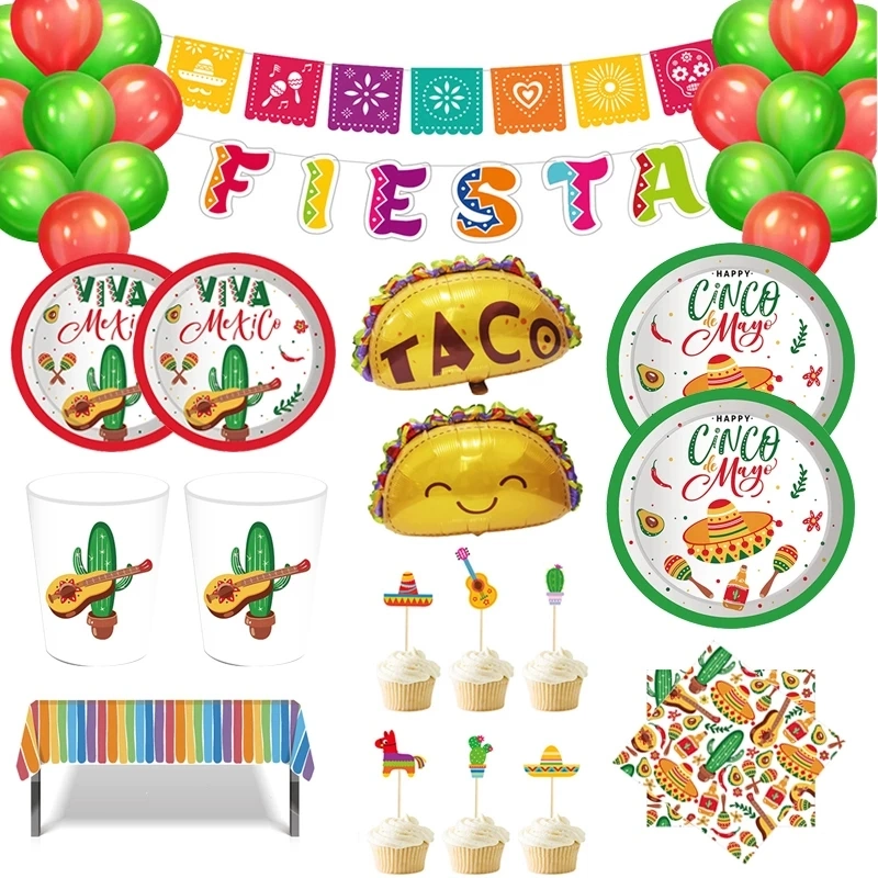 Mexico Fiesta Cactus Taco Balloon Cartoon Theme Party Disposable Tableware Paper Plates Cup Mexican Party Favors Decor Supplies