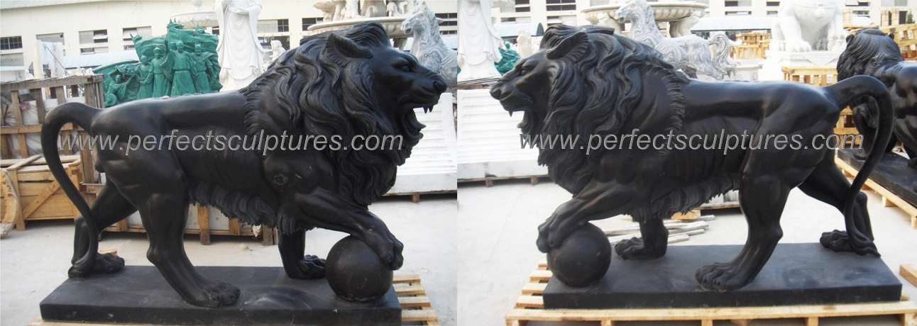 Custom Western Style Stone Animal Statue Life Size Carving Black Marble Lion Sculpture with Ball (SY-D106)