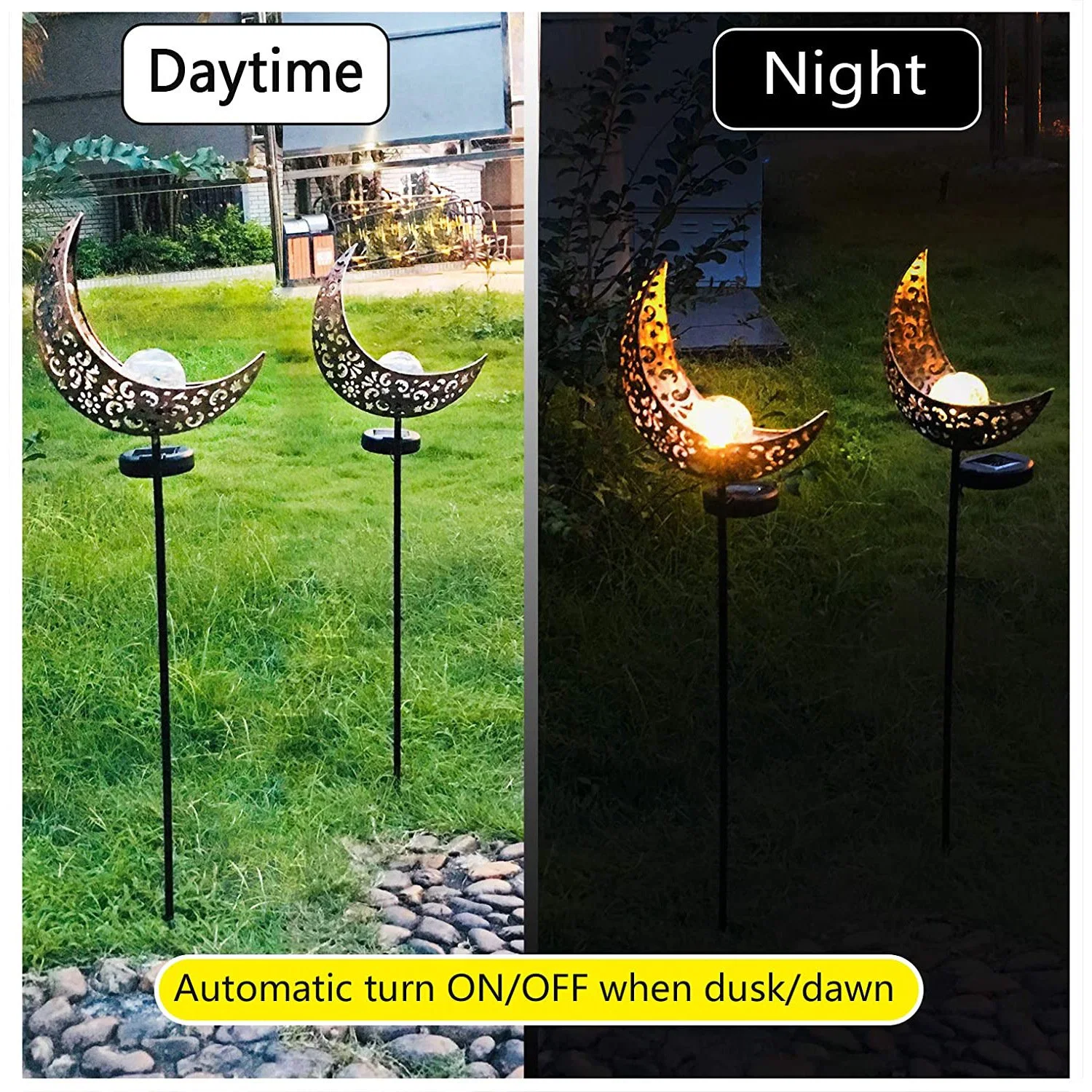 Garden Solar Light Outdoor Decorative, Moon Crackle Glass Globe Stake Metal Lights Waterproof Warm White LED for Pathway Ci24850