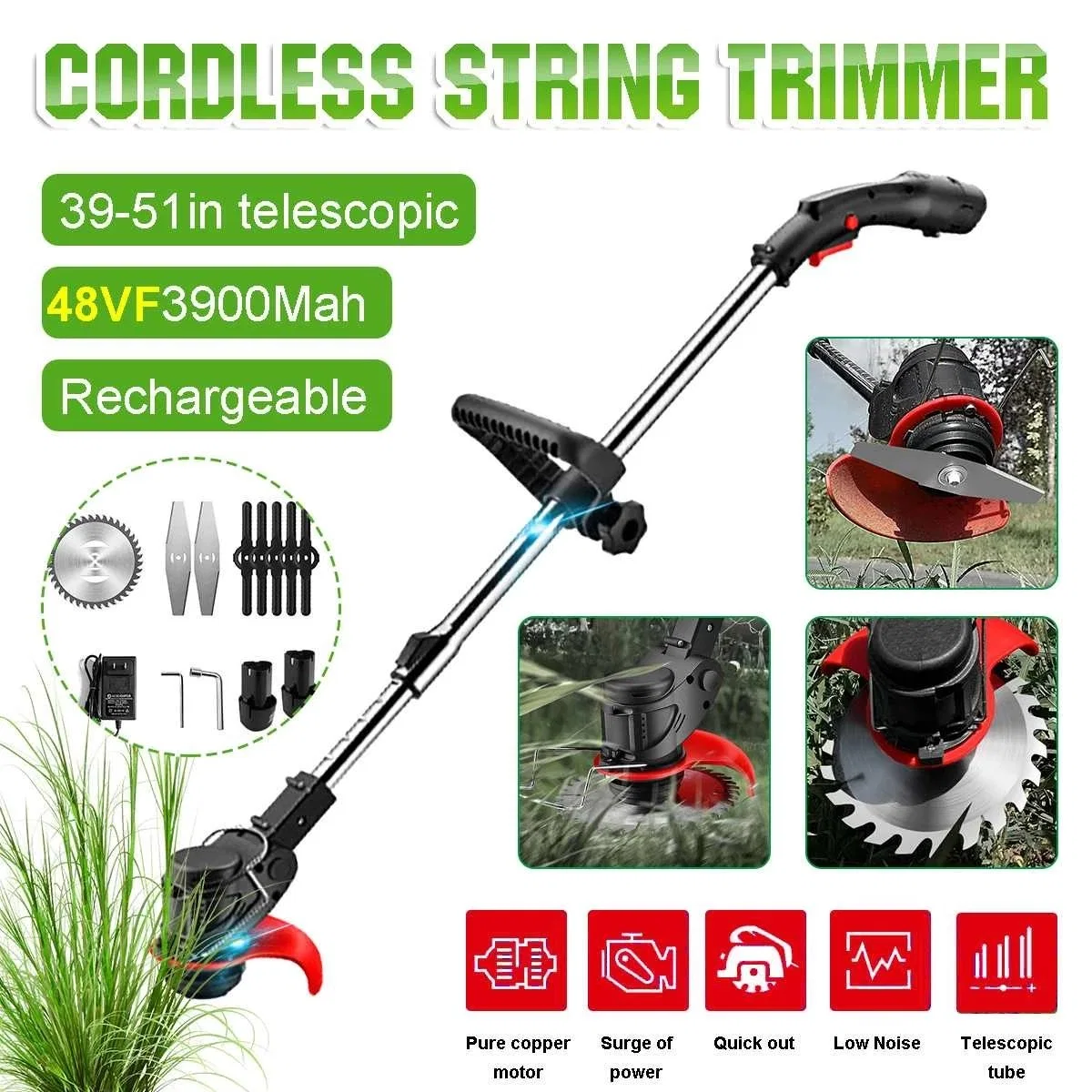 1280W Electric Grass Trimmer Cordless Lawn Mower Hedge Trimmer Adjustable Handheld Garden Power Pruning Machine with 12V Battery